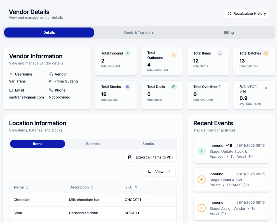 Vendor and contract management dashboard with automated billing